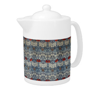William Morris Vintage Red Flowers Floral Pattern Teapot