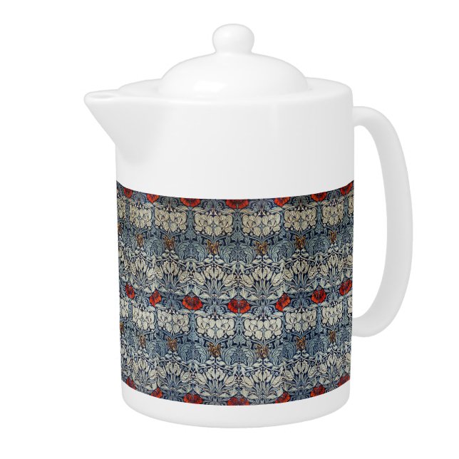 William Morris Vintage Red Flowers Floral Pattern Teapot (Right)