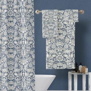 William Morris Vintage Sunflower Floral Blue White Bath Towel Set