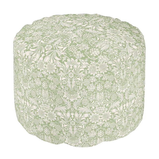 William Morris Vintage Sunflower Light Green Pouf (Angled Front)