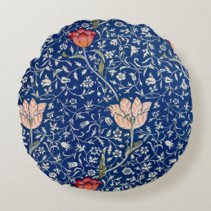 William Morris Vintage Tulip Floral Indigo Pattern Round Pillow