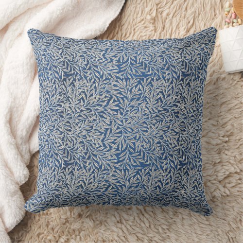 William Morris Vintage Willow Leaves Dark Blue   Throw Pillow