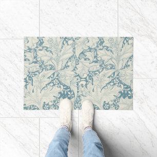 William Morris Wallflower floral blue damask Doormat