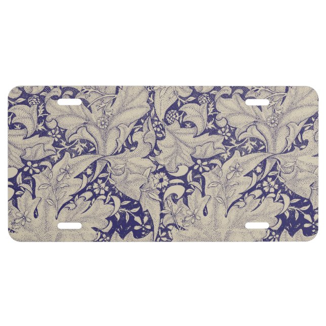 William Morris Wallflower floral blue damask  License Plate (Front)