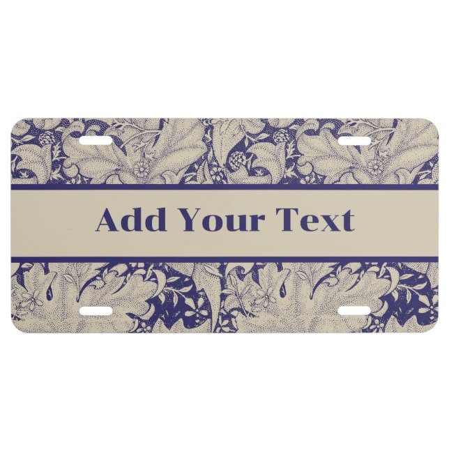 William Morris Wallflower floral blue damask  License Plate (Front)