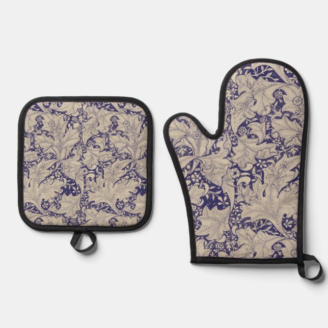 William Morris Wallflower floral blue damask  Oven Mitt & Pot Holder Set (Front)