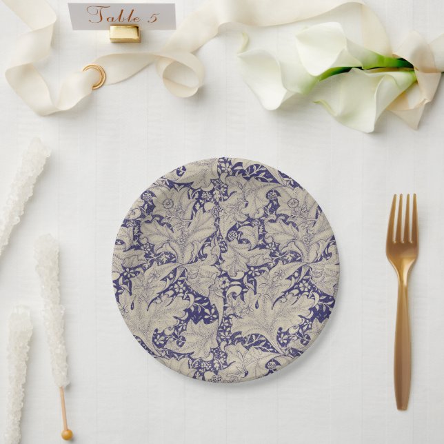 William Morris Wallflower floral blue damask  Paper Plates (Wedding)