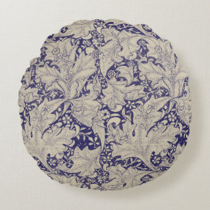 William Morris Wallflower floral blue damask Round Pillow