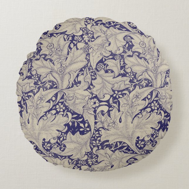William Morris Wallflower floral blue damask  Round Pillow (Front)