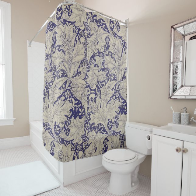 William Morris Wallflower floral blue damask  Shower Curtain (In Situ)