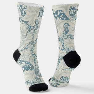 William Morris Wallflower floral blue damask Socks