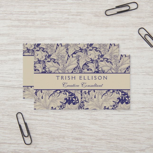 William Morris Wallflower Pattern Antique Blue Business Card (Front/Back In Situ)