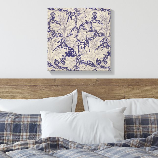 William Morris Wallflower Pattern Antique Blue Canvas Print (Insitu(Bedroom))