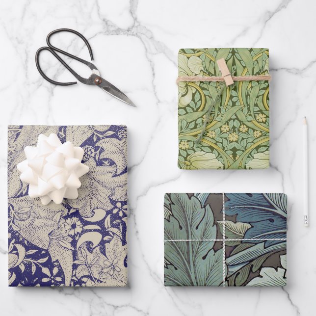 William Morris Wallflower Pattern Antique Blue Wrapping Paper Sheets (Front)
