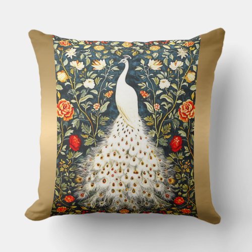 William Morris White Peacock Art Deco Gold Silver Throw Pillow