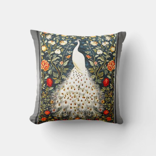 William Morris White Peacock Art Deco Silver Print Throw Pillow