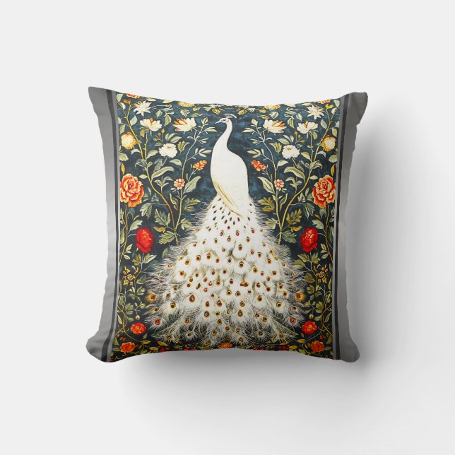 William Morris White Peacock Art Deco Silver Print Throw Pillow (Front)
