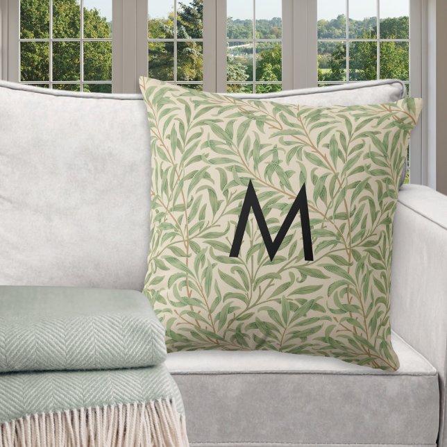 William Morris Willow Bough Pattern Monogram Throw Pillow (A monogrammed throw pillow with William Morris 'Willow Bough' leaves and branches pattern)