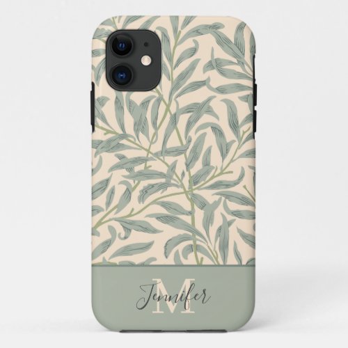 William Morris Willow Bough Pattern with Monogram iPhone 11 Case