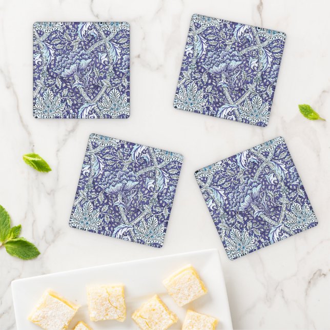 William Morris Windrush blue floral flowers Coaster Set (In Situ)