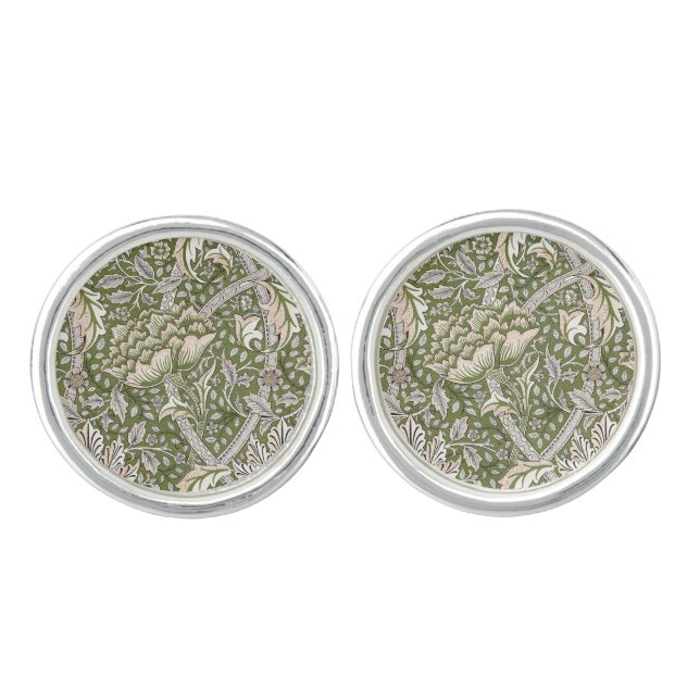 : William Morris Windrush Green Pattern: Vintage Cufflinks (Front)