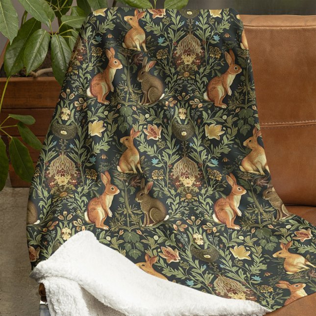 William Morris Woodland Floral Rabbits Christmas Fleece Blanket (Creator Uploaded)