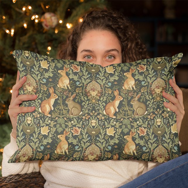 William Morris Woodland Floral Rabbits Christmas Lumbar Pillow (Creator Uploaded)