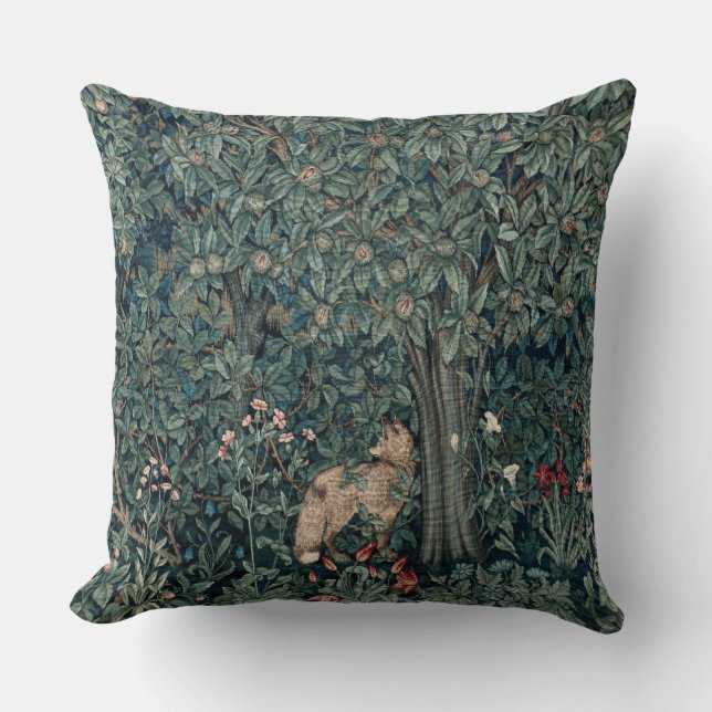 William Morris Woodland Tapestry Fox Throw Pillow (Front)