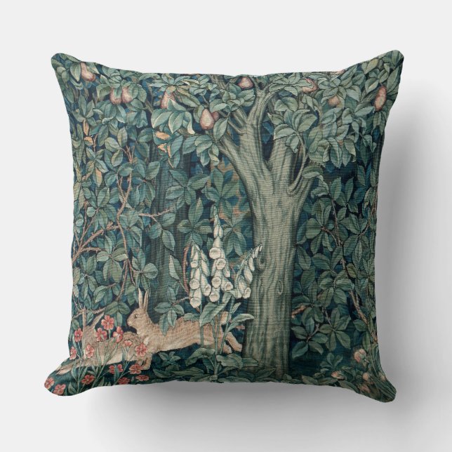 William Morris Woodland Tapestry Rabbits Throw Pillow (Front)