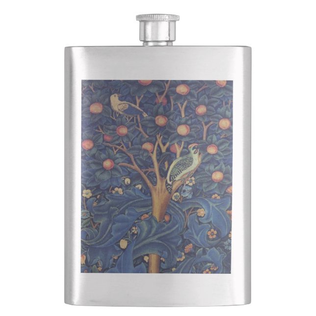 William Morris Woodpecker Tapestry Arts & Crafts  Flask (Front)