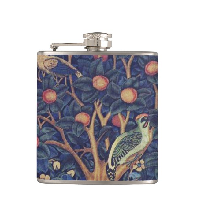 William Morris Woodpecker Tapestry Arts & Crafts  Flask (Front)