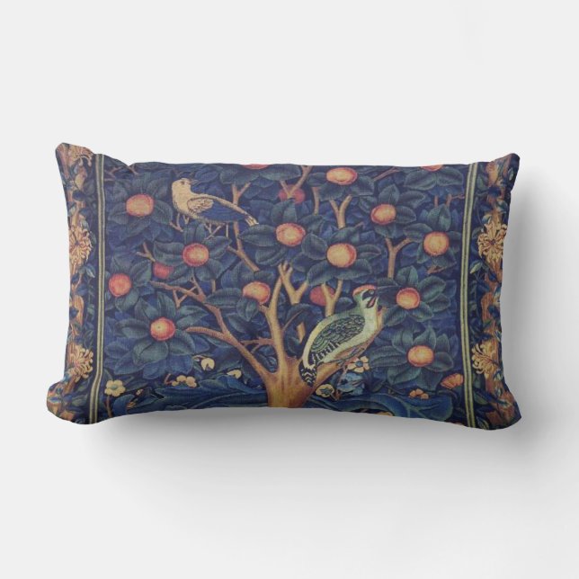 William Morris Woodpecker Tapestry Arts & Crafts  Lumbar Pillow (Front)