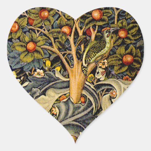 William Morris Woodpecker Tapestry Birds Floral Heart Sticker