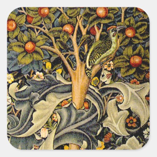 William Morris Woodpecker Tapestry Birds Floral Square Sticker