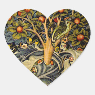 William Morris Woodpecker Tapestry Blue Design Heart Sticker