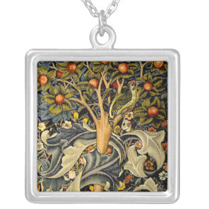 William Morris Woodpecker Tapestry Blue Design Silver Plated Necklace