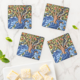 William Morris Woodpecker Tapestry Floral Vintage Coaster Set