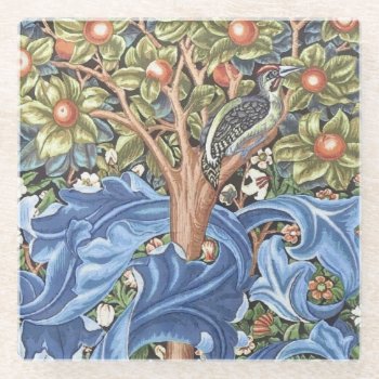 William Morris Woodpecker Tapestry Floral Vintage Glass Coaster by artfoxx at Zazzle