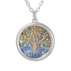 William Morris Woodpecker Tapestry Floral Vintage Silver Plated Necklace