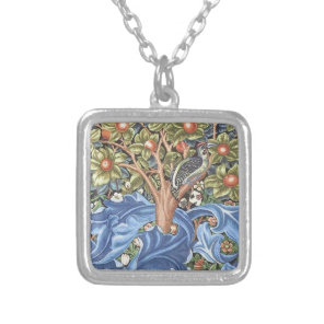 William Morris Woodpecker Tapestry Floral Vintage Silver Plated Necklace