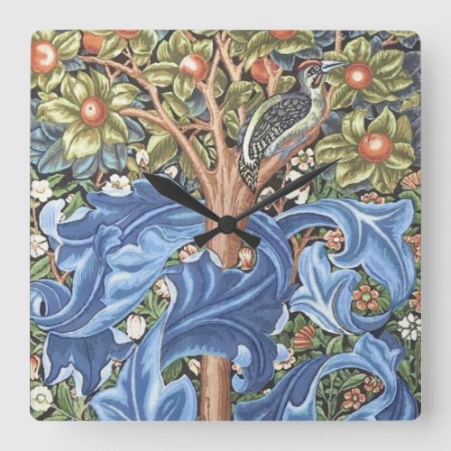William Morris Woodpecker Tapestry Floral Vintage Square Wall Clock