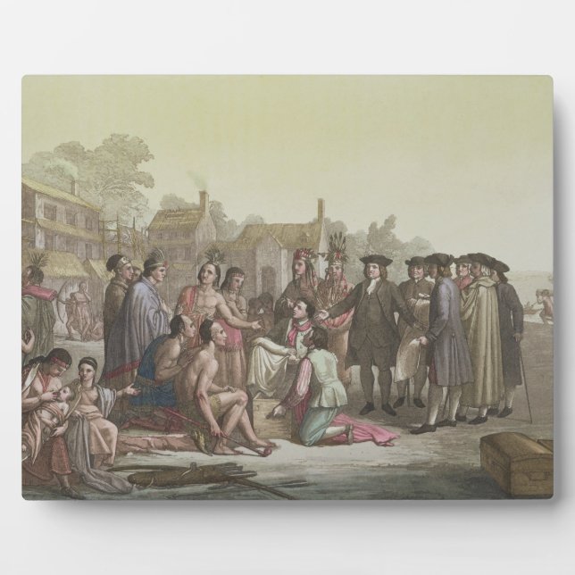 William Penn negotiating the treaty leading to the Plaque (Front)