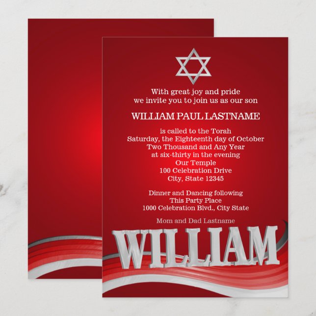 William Steel Wave Red Bar Mitzvah Invitation (Front/Back)