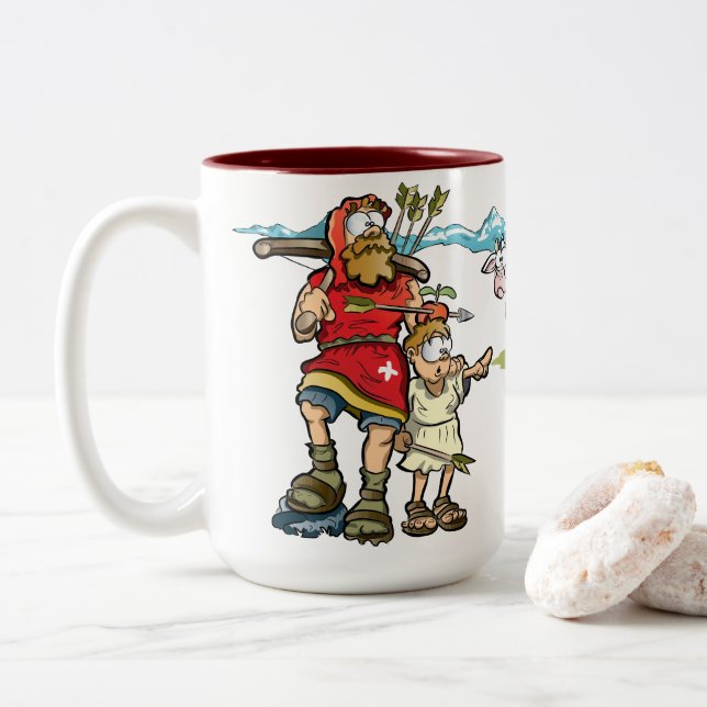 William Tell bucolic view with cows in the Alps Two-Tone Coffee Mug (With Donut)