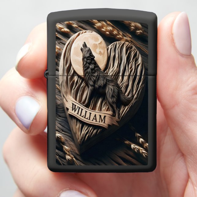 William Wooden Wolf Howling At Moon Zippo Lighter (In Hand)