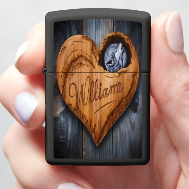 William's Carved Wolf Heart Zippo Lighter (In Hand)