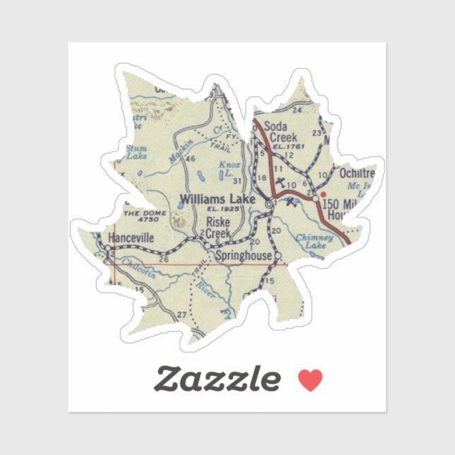 Williams Lake BC 50's Map Sticker (Sheet)