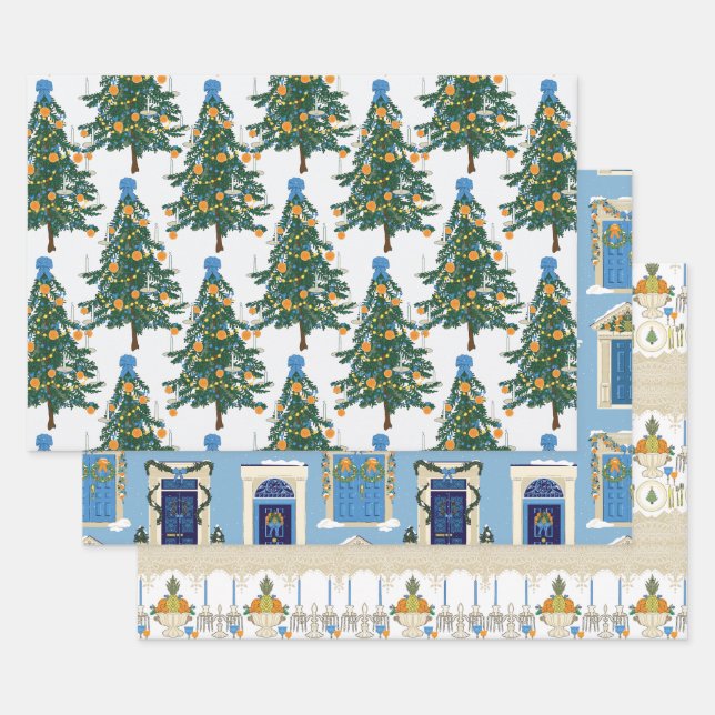 Williamsburg Christmas Blue and Orange Wrapping Paper Sheets (Set)