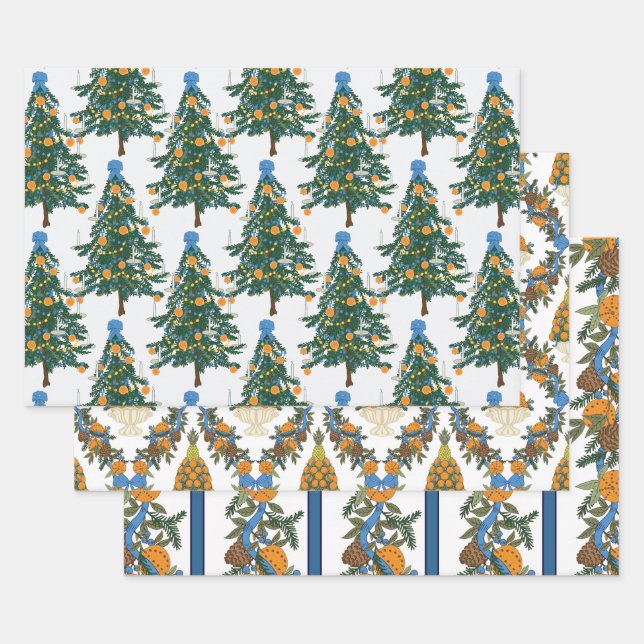 Williamsburg Christmas Blue and Orange Wrapping Paper Sheets (Set)