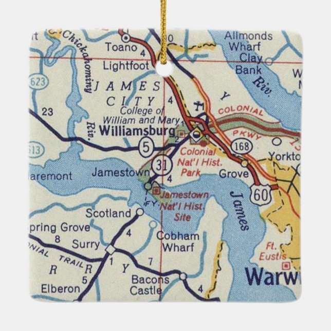 Williamsburg VA Vintage Map Ceramic Ornament (Back)